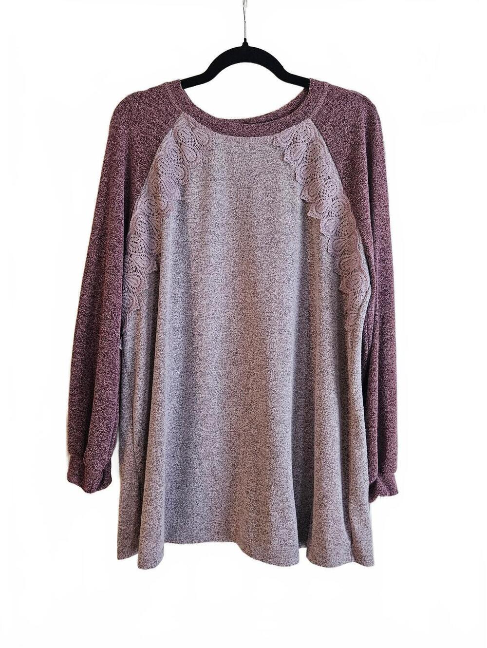 Indigo Rose Heathered Mauve & Burgundy Raglan Lace Knit Tunic Top Size 2X-Comfy!